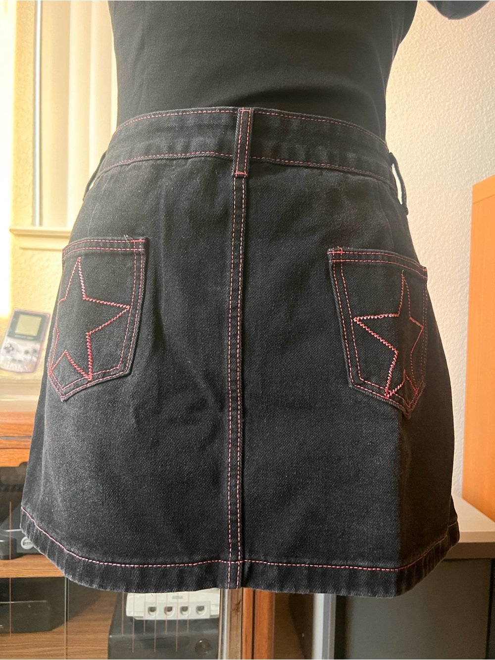 Black Denim Mini Skirt with Pink Star Stitching